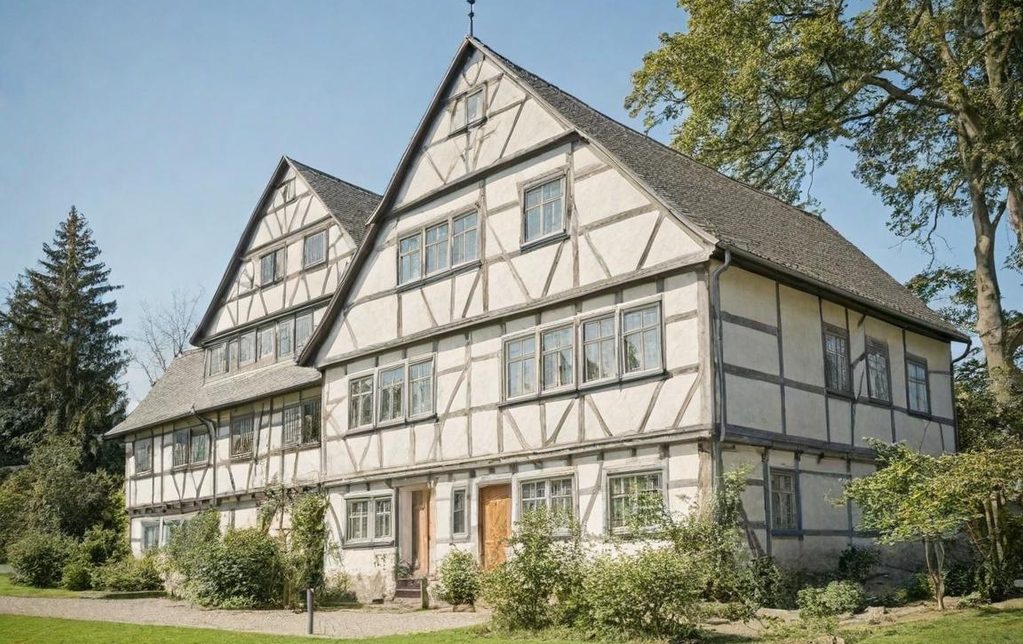 Fachwerkhaus mit zwei Eingängen und angrenzendem Garten bei klarem Himmel.